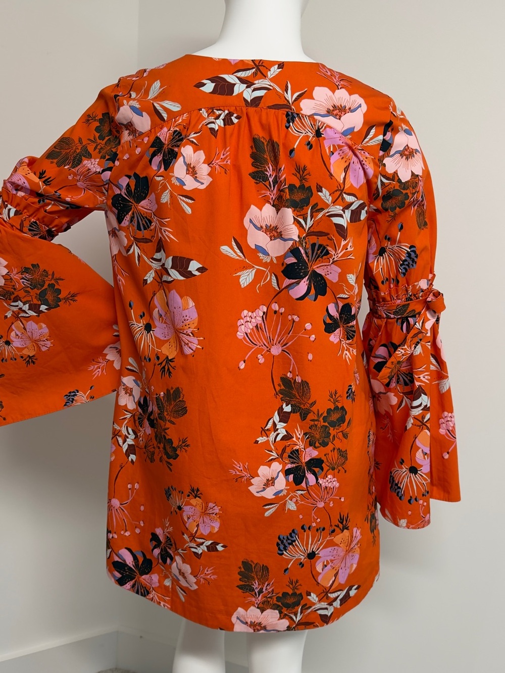 Free People Orange Floral Boho Mini Dress Large Bell Sleeve 100% Cotton - Picture 9 of 11